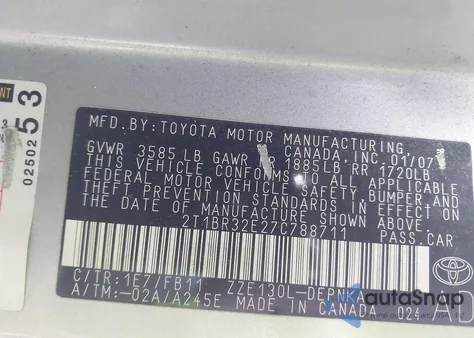 2007 Toyota Corolla Ce/Le/S from USA, damaged, VIN 2T1BR32E27C788711